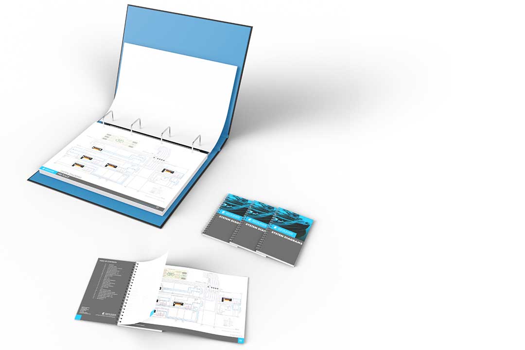Graphic showing an example of the Sentini Marine Documentation. It's a number of technical documents in a branded binder